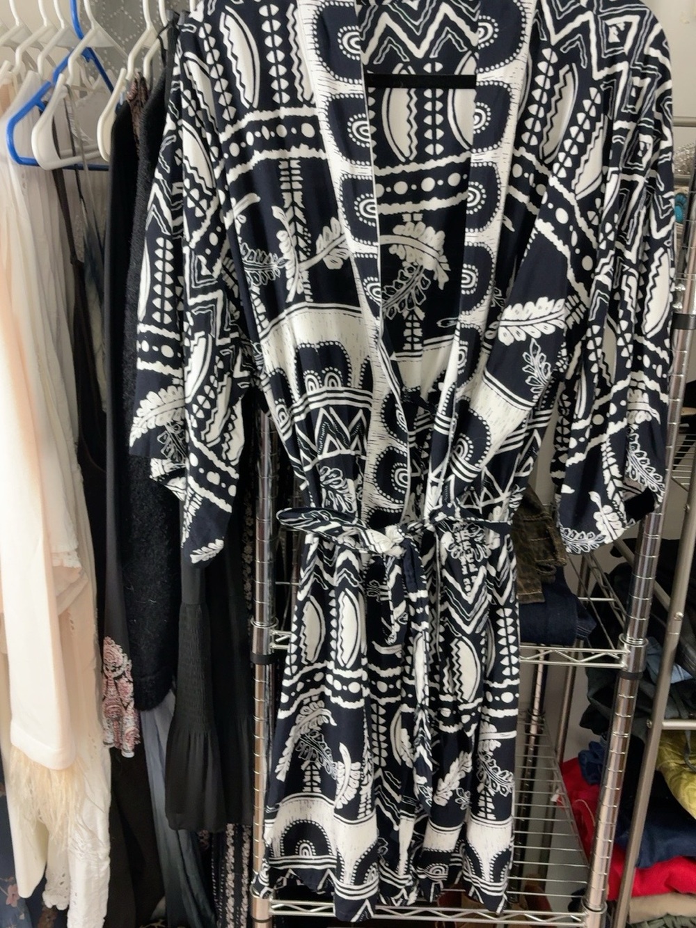 Black & White Printed Midi Dress with Tie Waist